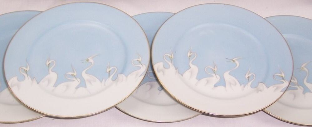 Vintage Shofu Japan Crane Bird Salad Plate Set of 5 Blue White Art Deco 7.125"